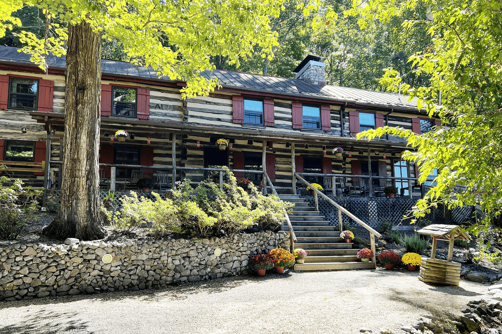 A rustic log cabin with a red metal roof and wooden porch surrounded by greenery.