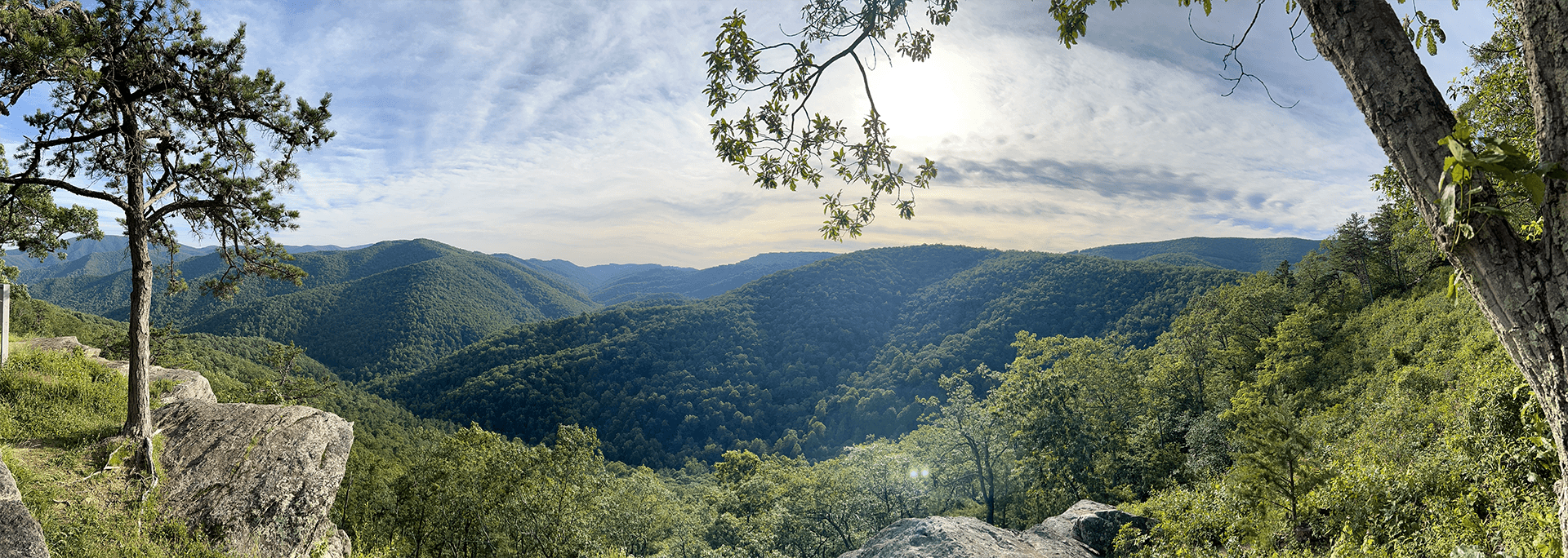 A panoramic view of lush green mountains under a partly cloudy sky.
